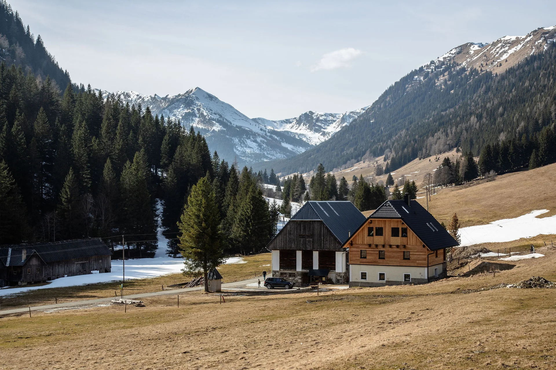 Das Detox Almhaus in Alleinlage – umgeben von Bergen, Wäldern, Wiesen und einem Bach.